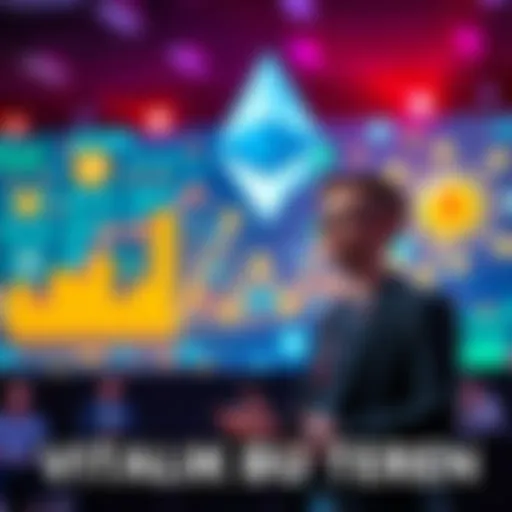 Vitalik Buterin speaking at a conference about Ethereum's success in solving the blockchain trilemma, with visuals of blockchain and crypto graphics in the background.