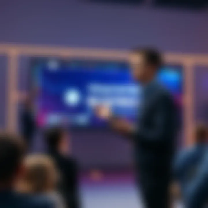 Vitalik Buterin stands in front of a digital screen showcasing self-sovereign technology innovations, engaging with an audience