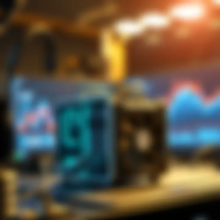 The Volcminer D1 Mini showcasing its compact design while mining multiple cryptocurrencies, with graphs indicating performance and low power usage in the background.