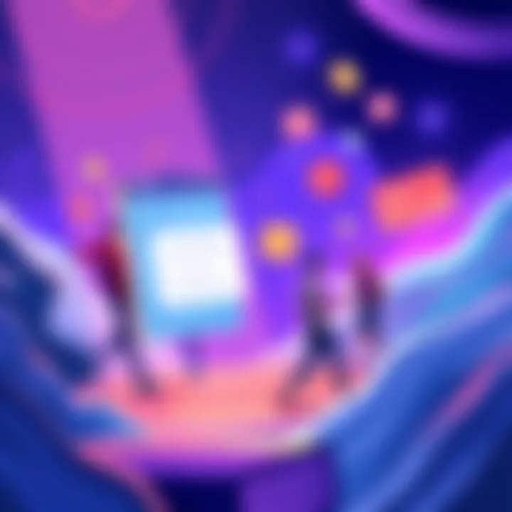 A vibrant illustration showing the Vooz platform with chat features and payment options being activated, highlighting community engagement.