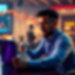 A person contemplating investment decisions, looking at a price chart on a laptop while holding a coffee cup.