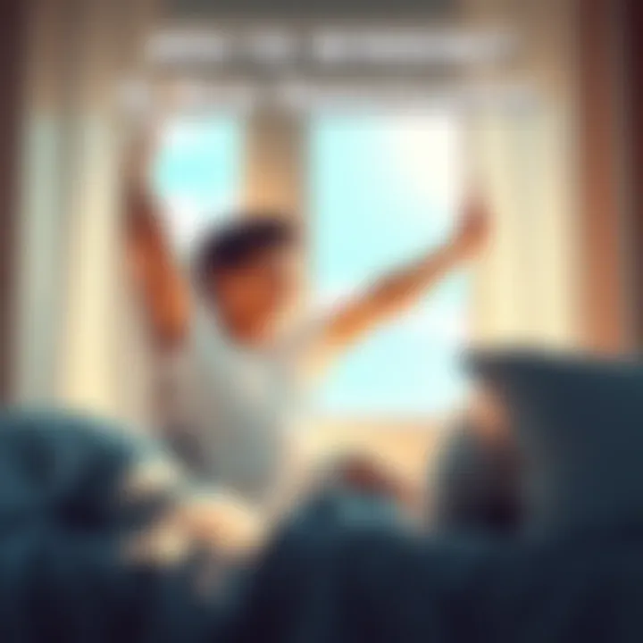 A person smiling and stretching in bed, looking out a window at a sunny day, symbolizing new beginnings after five years.