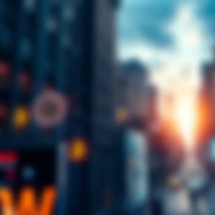 A depiction of Wall Street with digital blockchain symbols, signifying the shift to decentralized finance, showing buildings and technology.