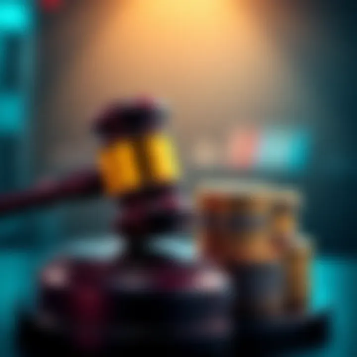 A gavel and a stack of coins representing the conflict between Wall Street banks and the rise of crypto shadow banks.