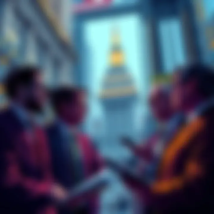 Business professionals on Wall Street discussing Bitcoin purchases as original holders sell their coins