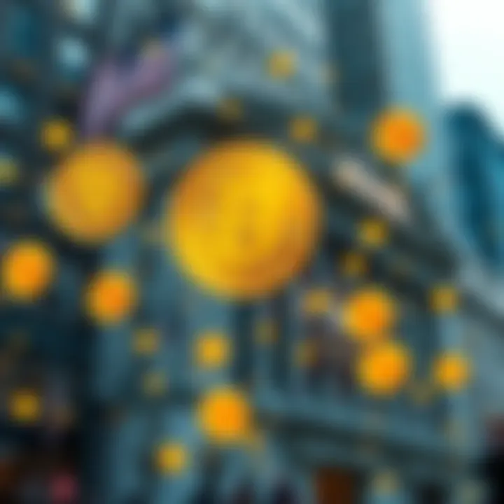 Wall Street's Influence on Bitcoin A depiction of Wall Street with Bitcoin symbols, highlighting financial manipulation and control over cryptocurrency.