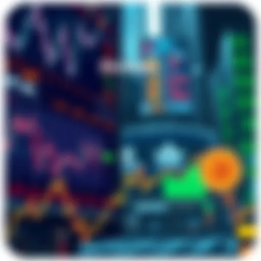 Stock market charts showing downward trends for Dow, S&P 500, and Nasdaq alongside Bitcoin rising above $70,000.