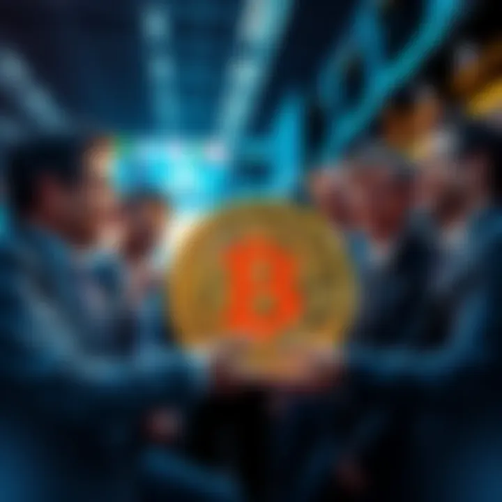 A group of finance executives discussing Bitcoin with enthusiasm in an office setting