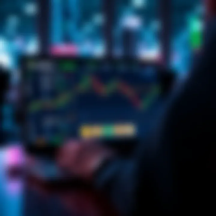 A person using a laptop to monitor trades with a digital wallet on the screen. Graphs and tokens are displayed.