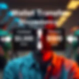 A visual representation of a wallet transfer from Coinbase to Phantom showing different amounts, with arrows indicating the transfer process and a confused person in the background.