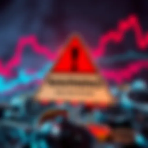 A graphic showing a warning sign with digital coins in the background, illustrating risks in the crypto market.