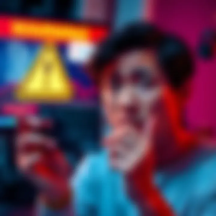 A person looking worried while holding a credit card, with a warning sign and a computer screen showing declined transactions in the background.