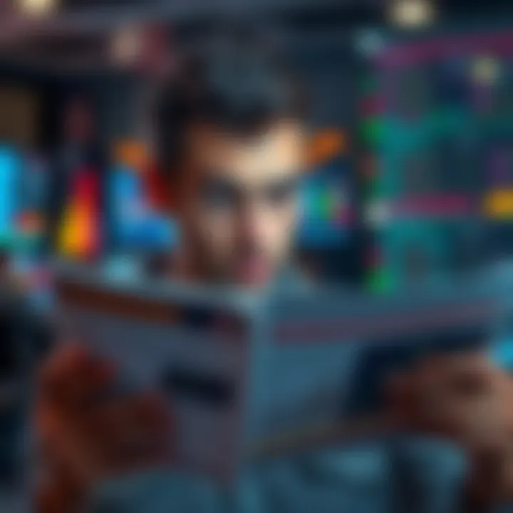 A person looking worried while reading a misleading trading advertisement that promises easy money