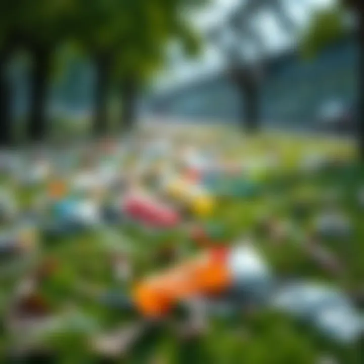 Litter scattered on a green park grass area, showing the impact of waste on the environment.