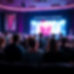 A group of people watching a Victoria's Secret fashion show on a large screen, expressing mixed emotions of excitement and insecurity about body image.