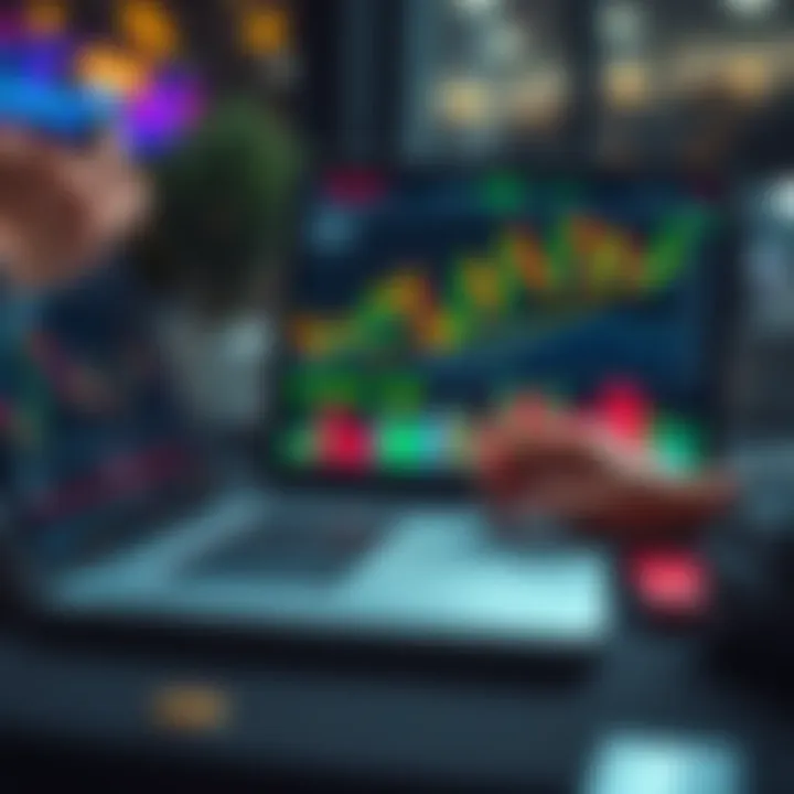 A person analyzing cryptocurrency charts on a laptop with financial graphs and digital coins displayed