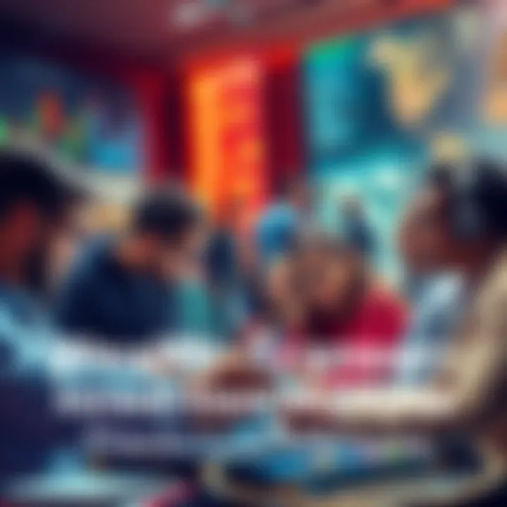 A visual representation of wealth transfer dynamics, showing diverse people engaged in prediction market activities, analyzing data and making decisions