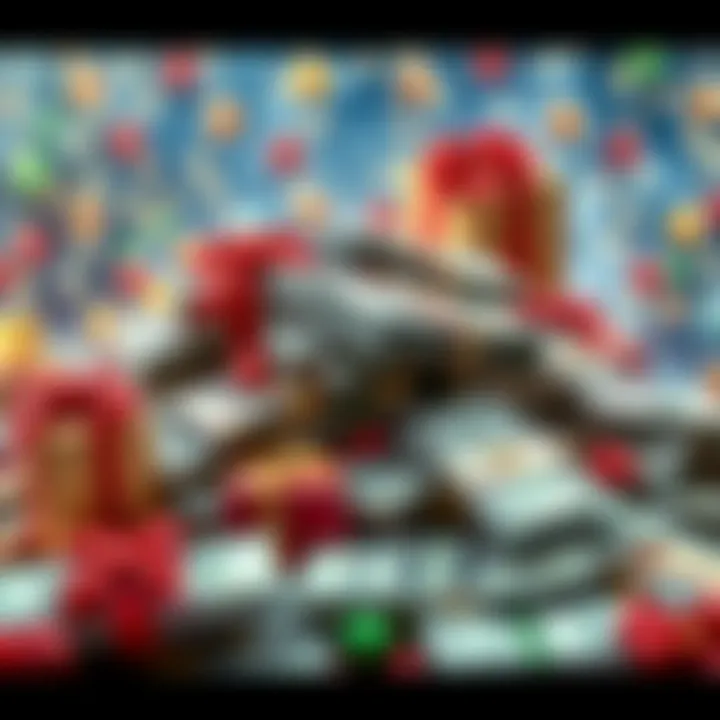 A pile of cash and Christmas gifts with a festive background