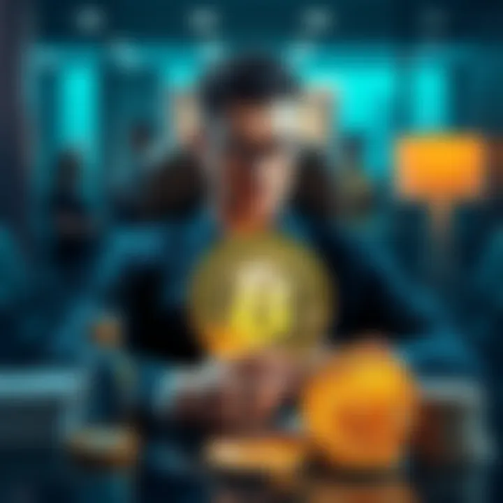 A confident man sits in a luxury office, surrounded by Bitcoin symbols, while regular people outside look worried.