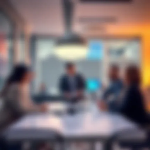 A group of professionals discussing strategies for attracting clients in a modern office environment.