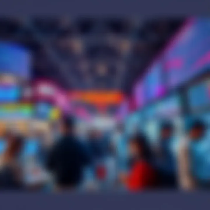 People trading and discussing at a busy weekend market with graphs showing trends on screens