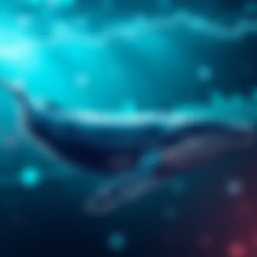 A large whale swimming in water, representing market influence, with charts and graphs in the background showing unusual patterns.