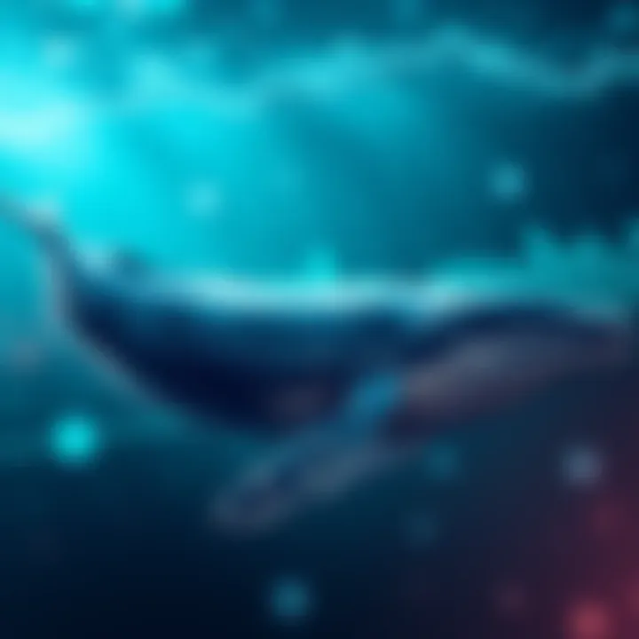 Whale Causing Market Movement A large whale swimming in water, representing market influence, with charts and graphs in the background showing unusual patterns.