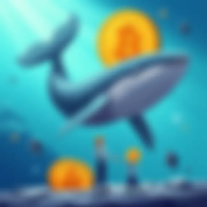 Whale shorting Bitcoin and Ethereum An illustration of a giant whale swimming downward alongside Bitcoin and Ethereum symbols, showing a contrast with a smaller figure holding a Bitcoin, symbolizing a loan