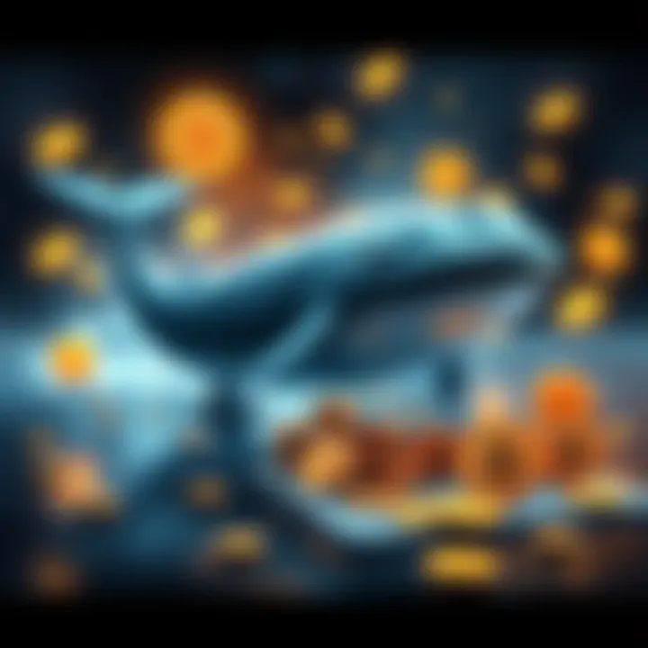 A graphic showing a whale symbolizing wealthy Bitcoin holders surrounded by digital currency symbols and high-value assets