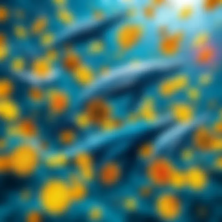 A graphic showing large whales swimming with Bitcoin coins, symbolizing significant cryptocurrency investments