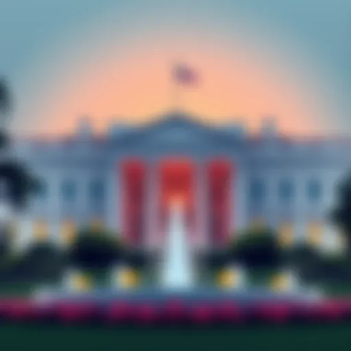 An illustration of the White House with stablecoins and bank symbols, highlighting the impact of the study on traditional finance and innovation.