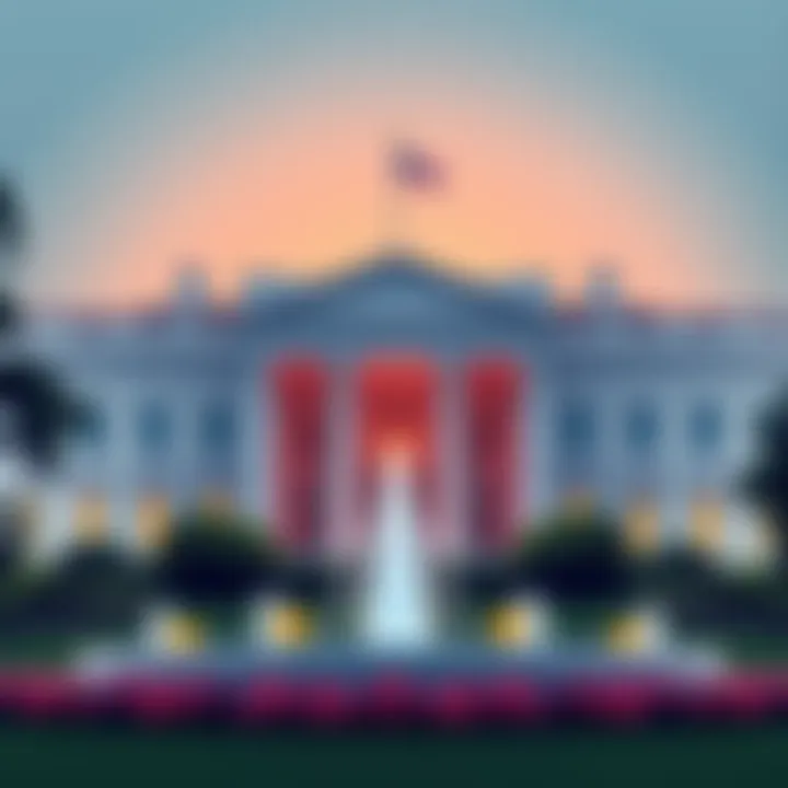 An illustration of the White House with stablecoins and bank symbols, highlighting the impact of the study on traditional finance and innovation.