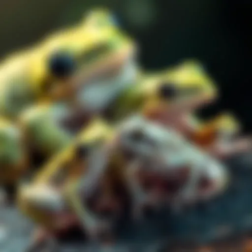 A large, aged white tree frog beside smaller, younger white tree frogs, showing size differences