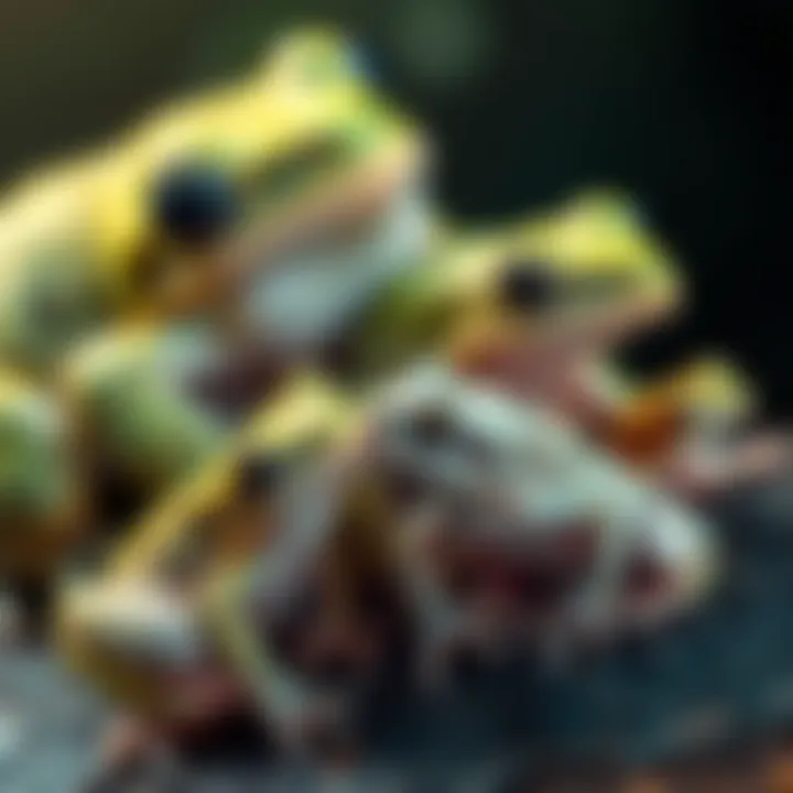 White Tree Frogs Together A large, aged white tree frog beside smaller, younger white tree frogs, showing size differences