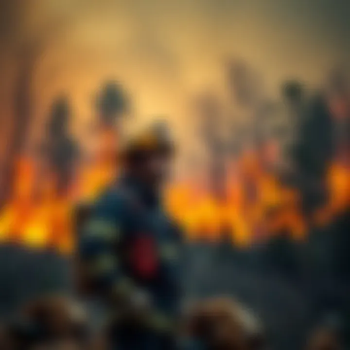 Wildland firefighter in Tennessee A firefighter in gear stands in front of a forest fire, with trees and smoke in the background, representing the challenges of wildland firefighting in Tennessee.