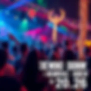 Crowd of people at an outdoor event with music, dancing, and colorful lights, enjoying a lively atmosphere