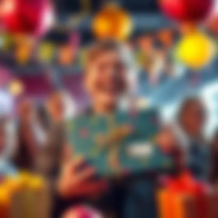 Excited winner holding a parcel with a big smile, surrounded by colorful decorations and anticipation.