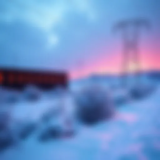 A snowy landscape showing a power outage affecting Bitcoin mining operations with darkened data centers in the background.