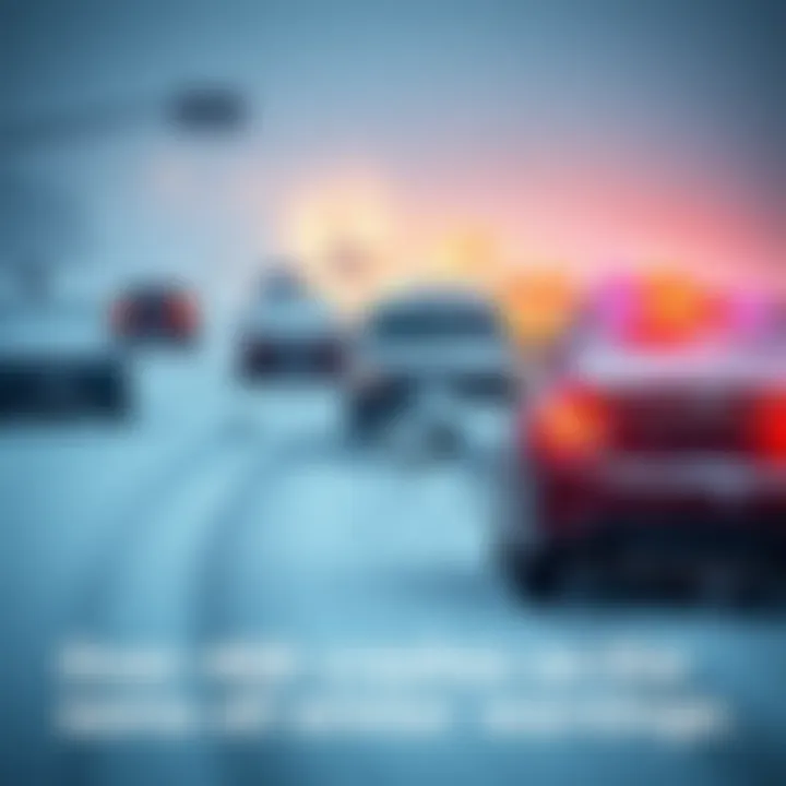 A snowy road scene showing multiple cars involved in an accident under winter conditions.