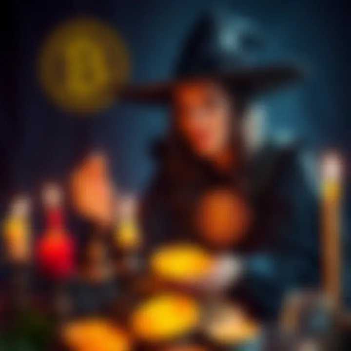 A witch from Etsy performs a ritual with candles and Bitcoin symbols, hinting at a potential surge in Bitcoin value.