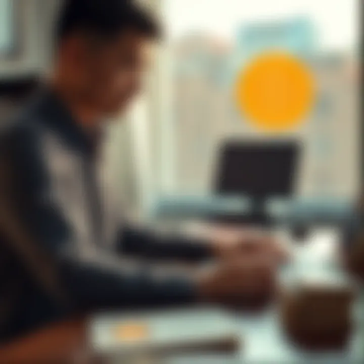 A person sitting at a desk using a laptop to withdraw Bitcoin, with cash and a bank statement visible nearby