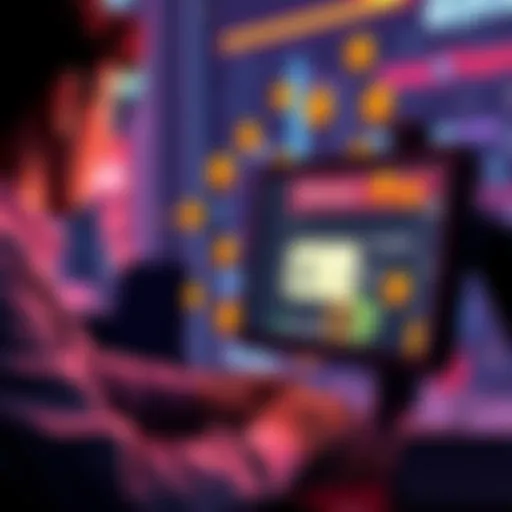 A person at a computer looking at a bank transfer screen with cryptocurrency symbols around them.