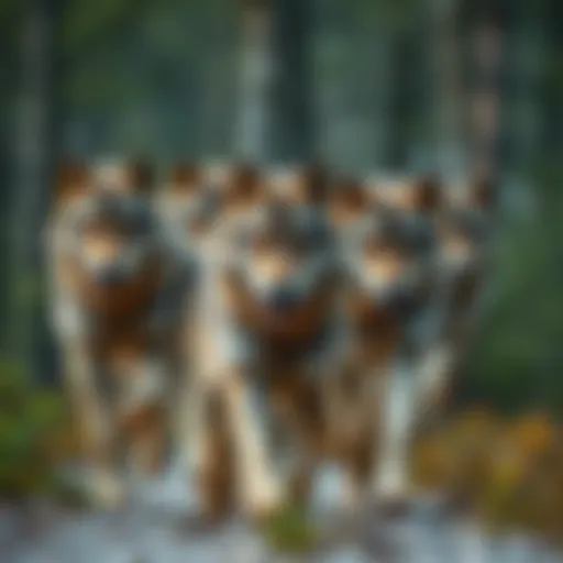 A pack of wolves running together in a forest, symbolizing the future of wolves and their impact on nature in 2026.