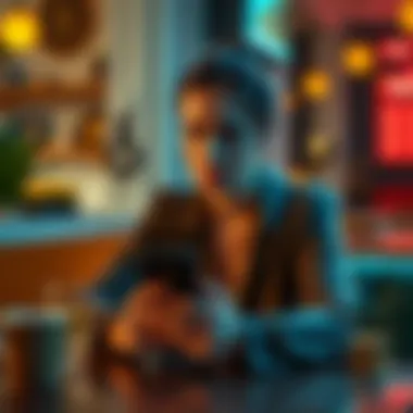 A woman sitting at a table with her phone, showing concern over a friend's Bitcoin claims about lost money due to fees