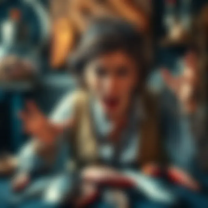 Woman Demands Fish A frustrated woman gestures wildly as she expresses her anger, surrounded by fish-related items.