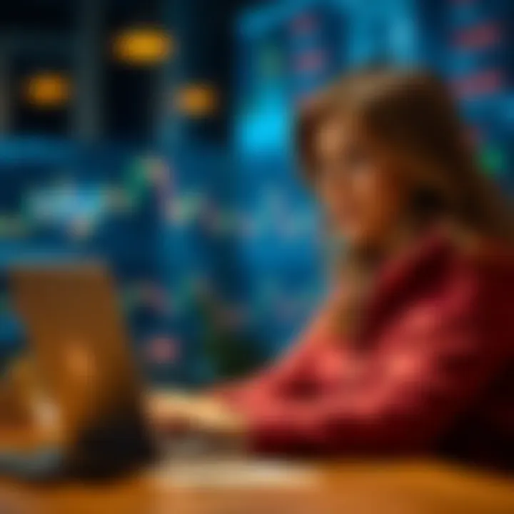 A 38-year-old woman looks at cryptocurrency charts on her laptop, contemplating her investment decision, with a concerned expression on her face.