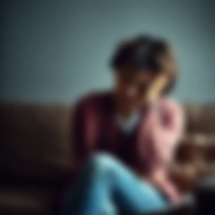 Woman reflecting on her emotions A 40-year-old woman sitting on a couch with a pensive expression, holding her head in her hands, representing struggles with mood swings and perimenopause.