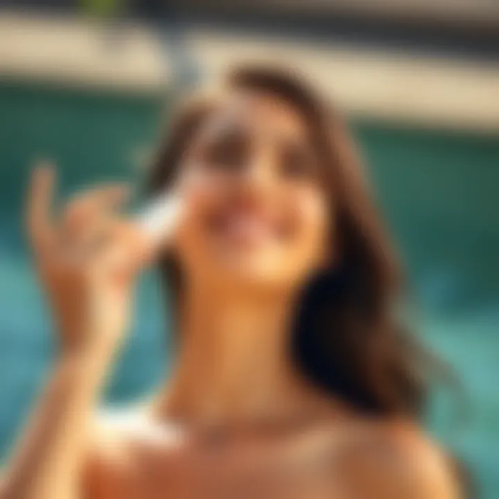 A woman in her late twenties applies sunscreen to her face while smiling, promoting a youthful appearance.