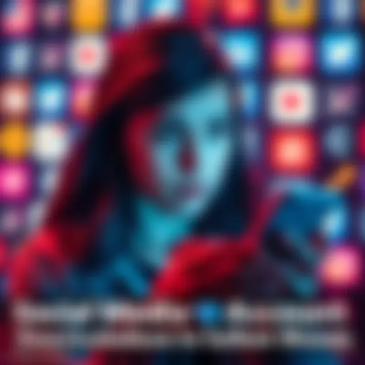 A woman looking concerned while using her phone, with a blurred background of social media icons. She appears troubled after facing unwanted attention online.