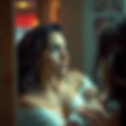 A thoughtful woman looking at herself in the mirror, contemplating her body image and breast size, with a mix of emotions on her face.